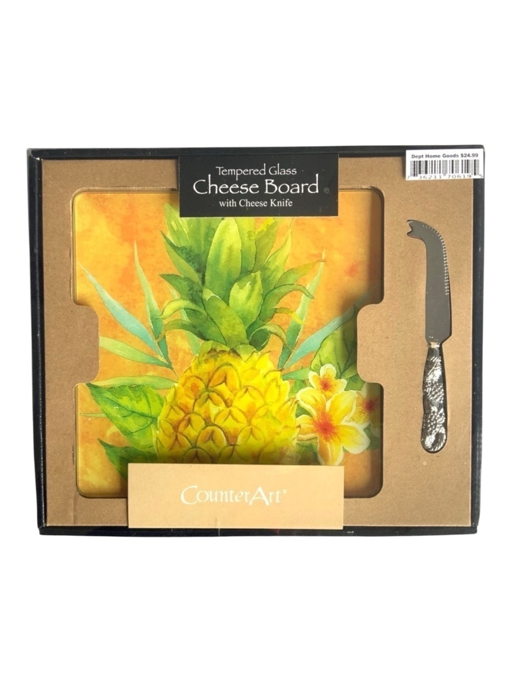 Pineapple Tropical Glass Cheese Board and Cheese Knife Set NEW CounterArt